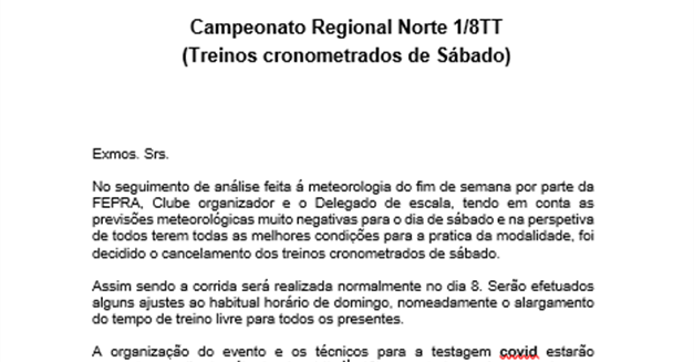 3ª prova do C. Regional Norte (Treinos de Sábado cancelados)